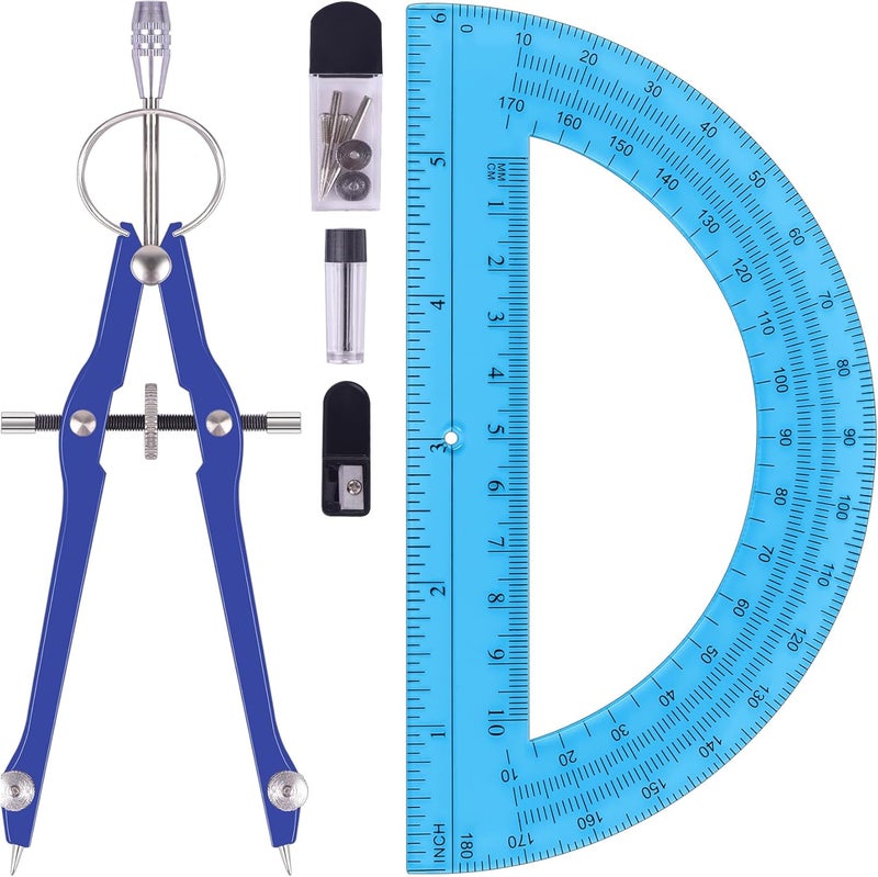 Unjoo Compass and Protractor Set, Professional Drawing Compass Tool, Metal Compass with Extra Refills, Compass for Geometry and 6 Inch Math Protractors 180 Degree (Navy Blue) - Image 1
